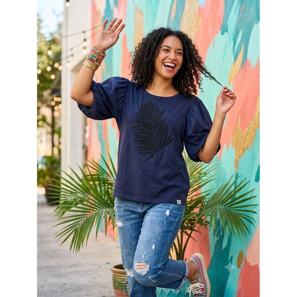 Chico's Navy Blue  Embroidered Palm Leaf Top Puff Sleeve Size 4 Chic Resort Wear